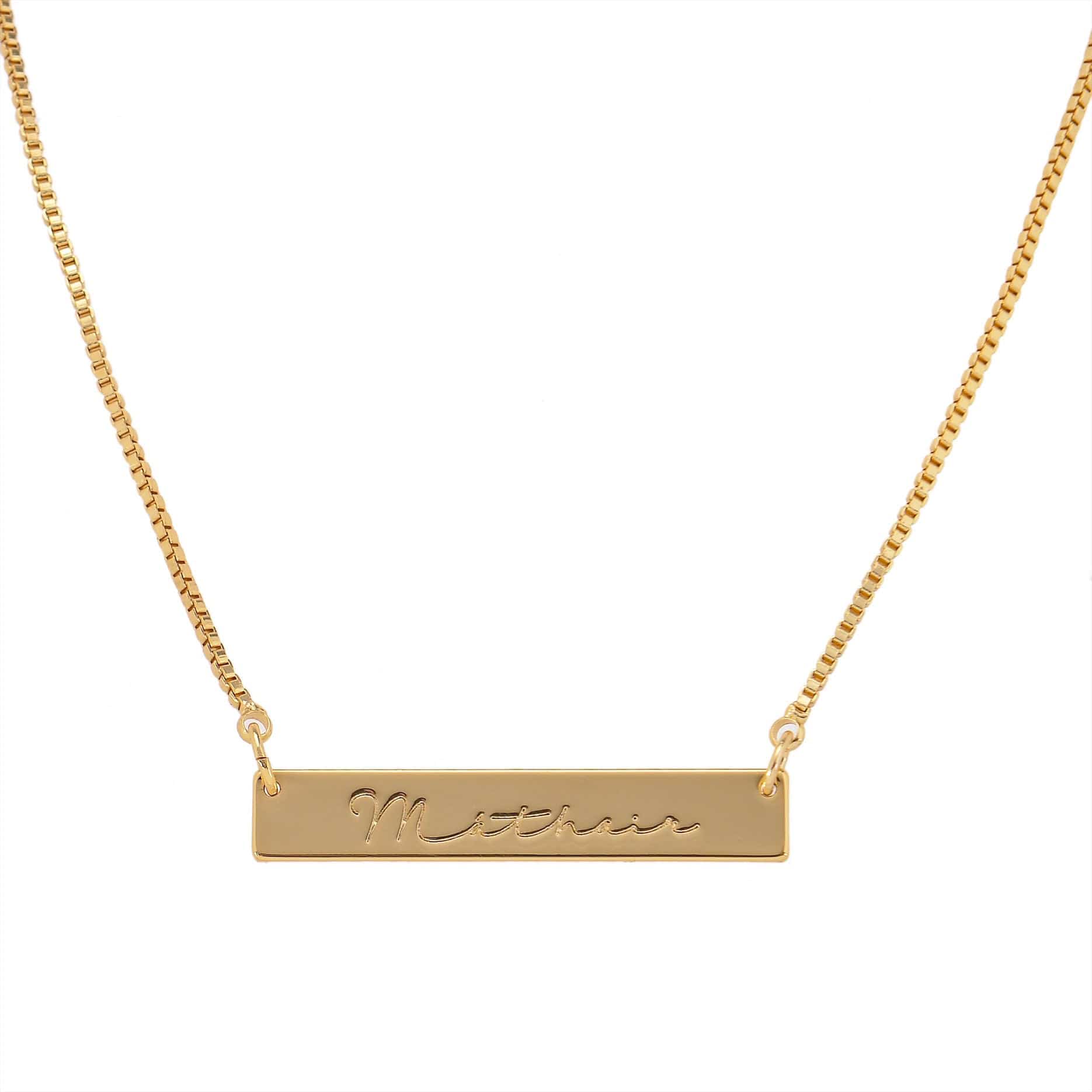 Mathair Mam engraved gold bar necklace