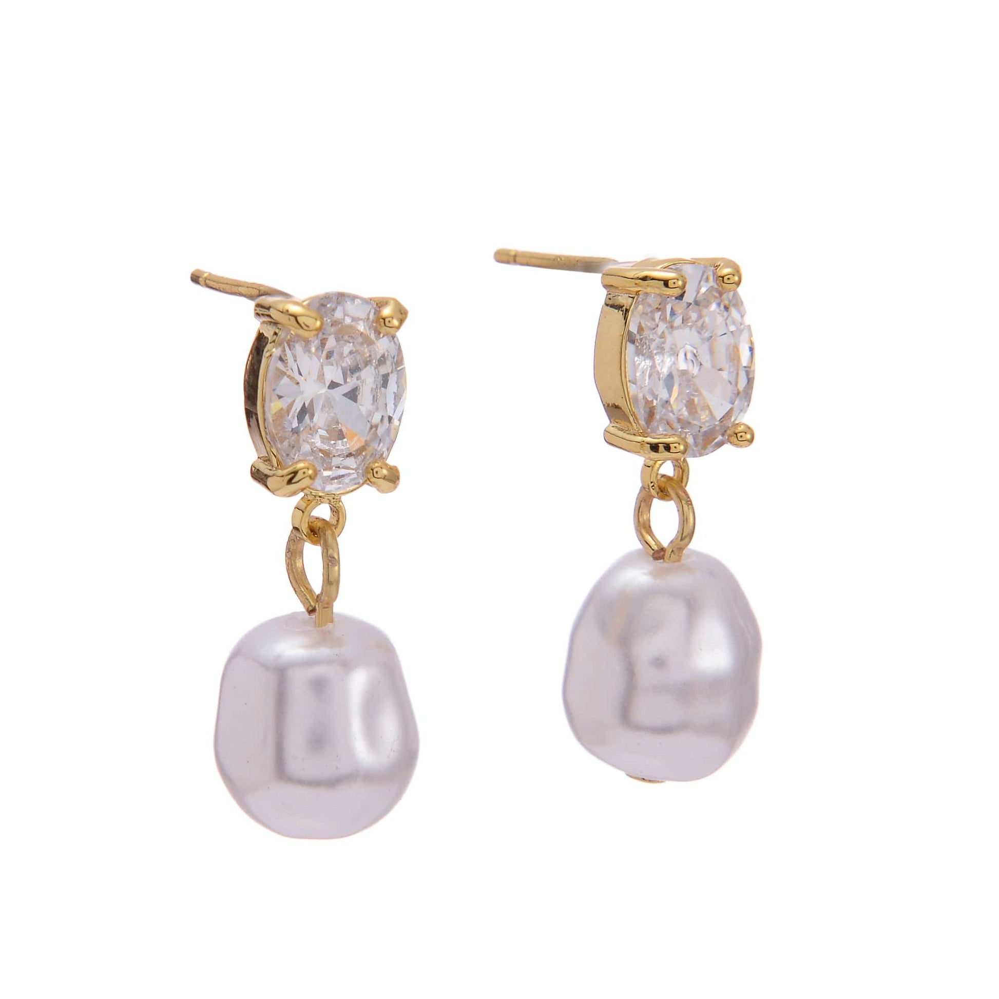 Bridal gold gem stud earring with a pearl snow drop