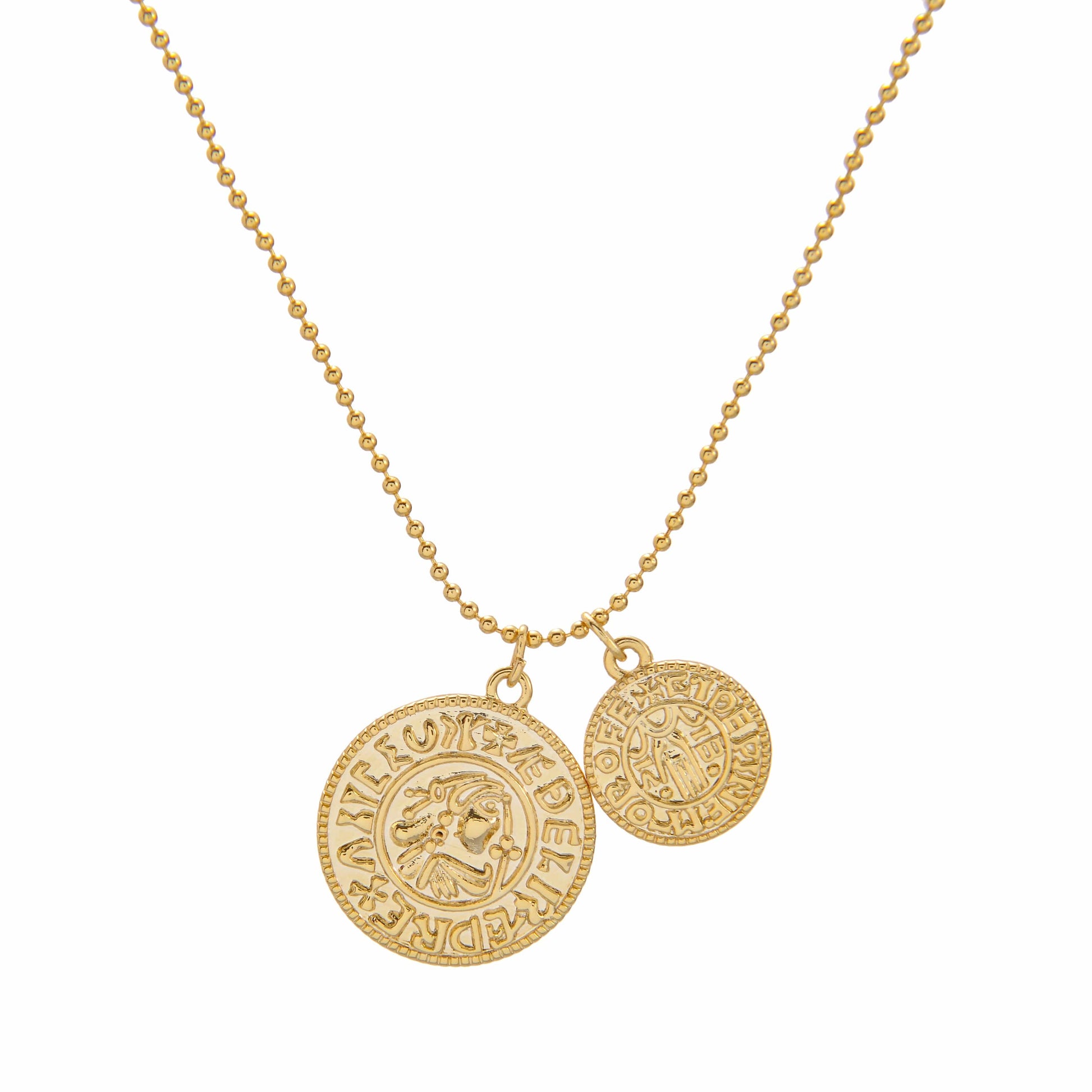 Double gold Irish disc with engraving on a beaded chain