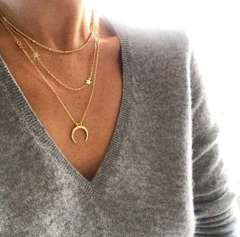 Crescent and star plain gold layering necklace