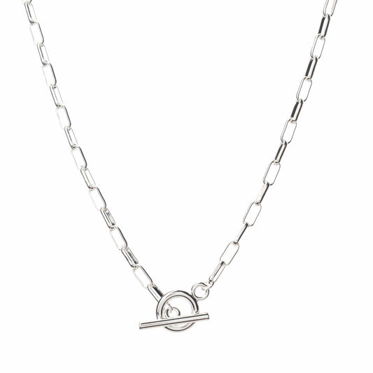 Chunky link and round hook toggle silver necklace