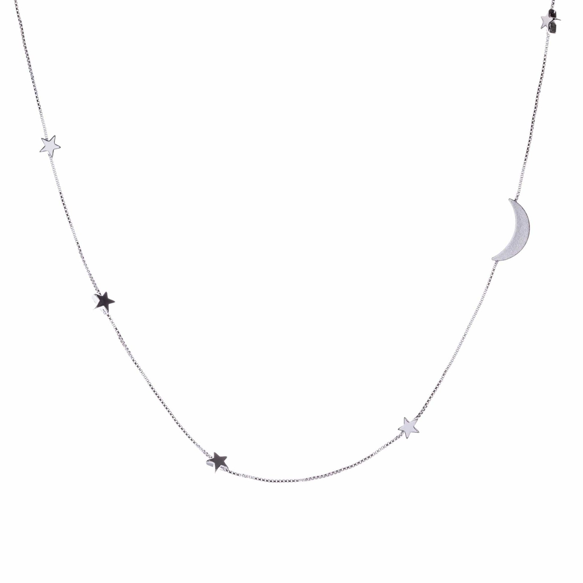 Silver box necklace with delicate star and moon