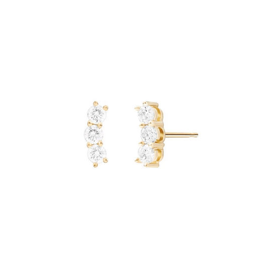 Three clear gemstone crystal stud gold earring